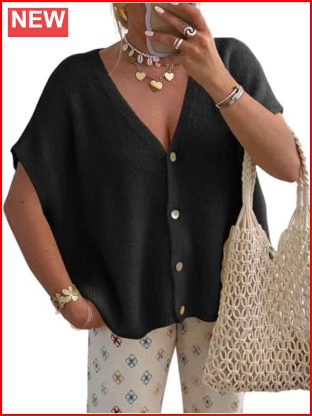Womens Oversized Knit Cardigan Batwing Short Sleeve Button V-Neck Sweater